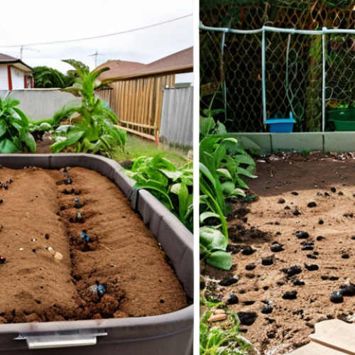 Home 4 **
A split image. On one side, a withered plant in cracked, dry soil, surrounded by chemical fertilizer bags with warning symbols. On the other, a thriving, lush garden with children playing safely, compost bins visible, and ladybugs on the plants. The scene evokes a sense of family health and environmental responsibility.
**