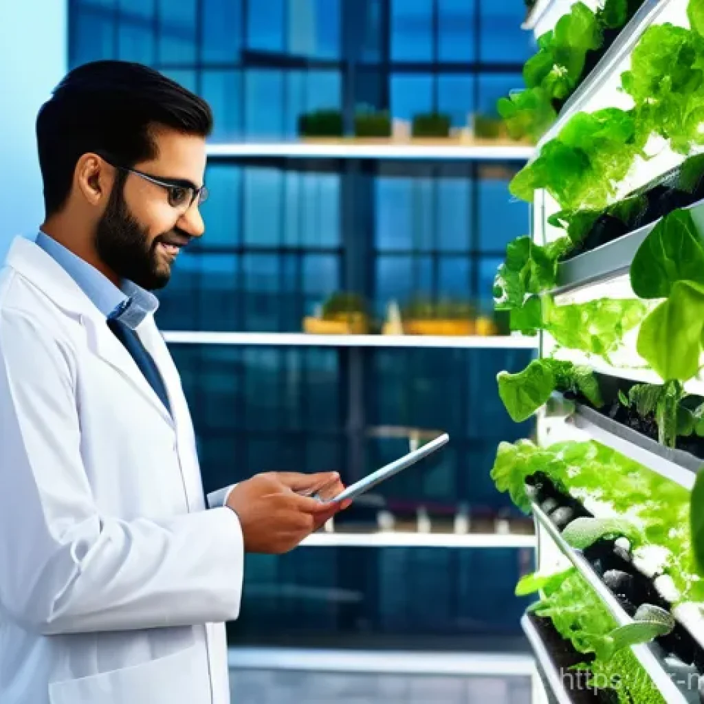 도시 식량 시스템의 미래 - **Prompt:** A state-of-the-art vertical farm thriving within a modern, gleaming skyscraper in a vibr...