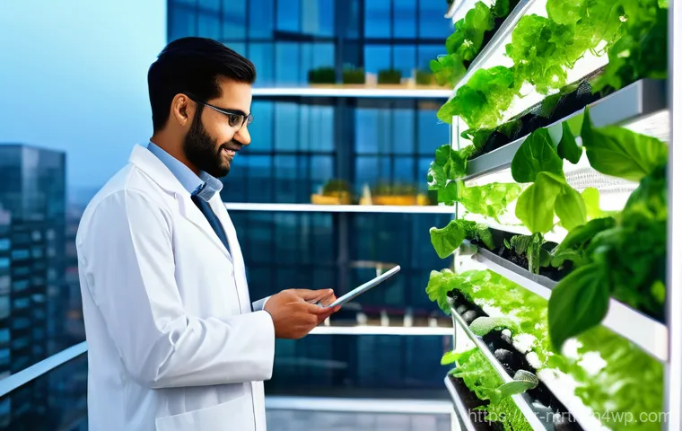 도시 식량 시스템의 미래 - **Prompt:** A state-of-the-art vertical farm thriving within a modern, gleaming skyscraper in a vibr...