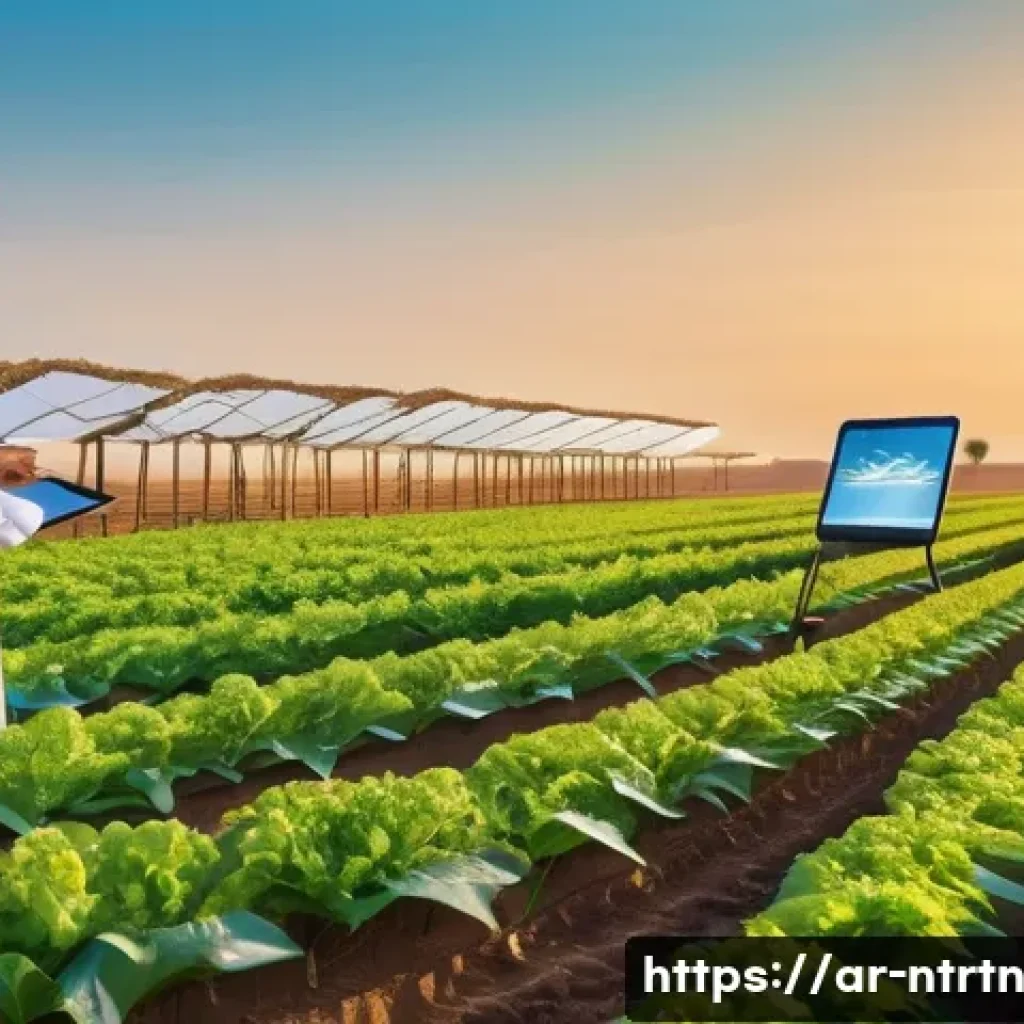 농업 기술 혁신을 위한 연구 개발 동향 - A high-tech agricultural field in the Arabian Peninsula at golden hour, showcasing an advanced AI-dr...
