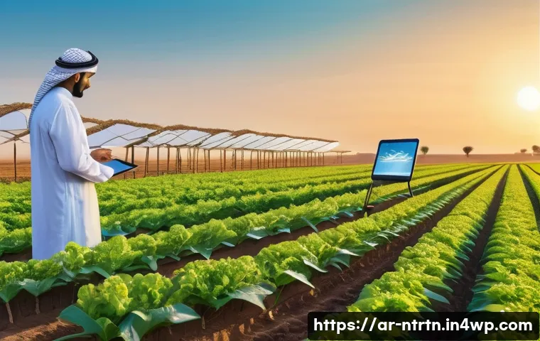 농업 기술 혁신을 위한 연구 개발 동향 - A high-tech agricultural field in the Arabian Peninsula at golden hour, showcasing an advanced AI-dr...