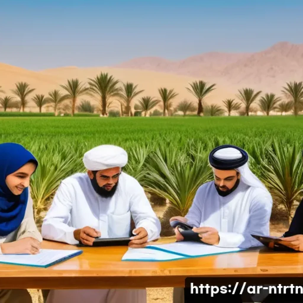 지속 가능한 농업을 위한 국제 협력 - A vibrant, detailed scene of international agricultural collaboration in a Middle Eastern rural sett...