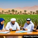 지속 가능한 농업을 위한 국제 협력 - A vibrant, detailed scene of international agricultural collaboration in a Middle Eastern rural sett...