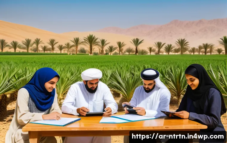 지속 가능한 농업을 위한 국제 협력 - A vibrant, detailed scene of international agricultural collaboration in a Middle Eastern rural sett...