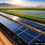 식량 생산을 위한 새로운 에너지 솔루션 - A vibrant rural agricultural scene in the Middle East featuring modern solar panels installed beside...