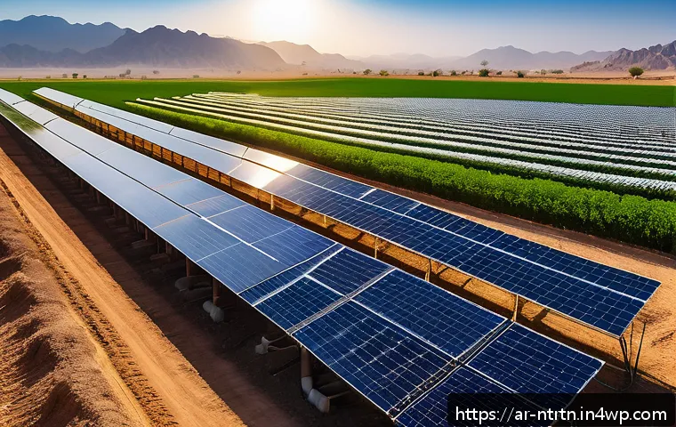 식량 생산을 위한 새로운 에너지 솔루션 - A vibrant rural agricultural scene in the Middle East featuring modern solar panels installed beside...