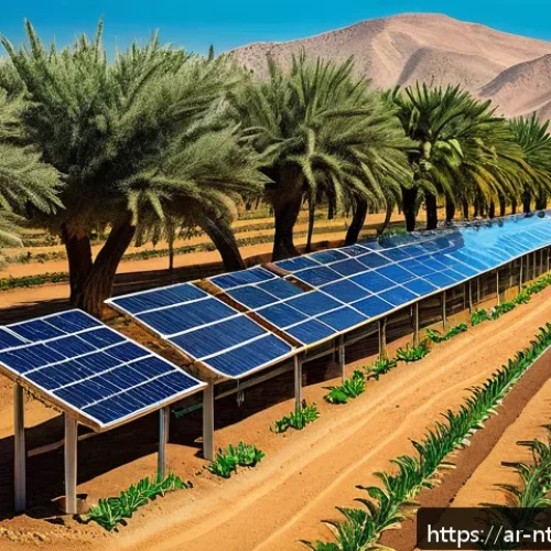 AI와 빅데이터를 통한 농업 혁신 - A high-tech agricultural field in a Middle Eastern landscape under clear blue skies, featuring advan...