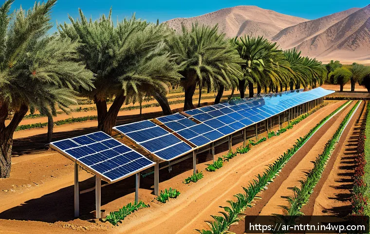 AI와 빅데이터를 통한 농업 혁신 - A high-tech agricultural field in a Middle Eastern landscape under clear blue skies, featuring advan...