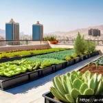 도시 농업의 가능성과 실천 사례 - A vibrant rooftop garden in a densely populated Middle Eastern city, featuring a variety of drought-...