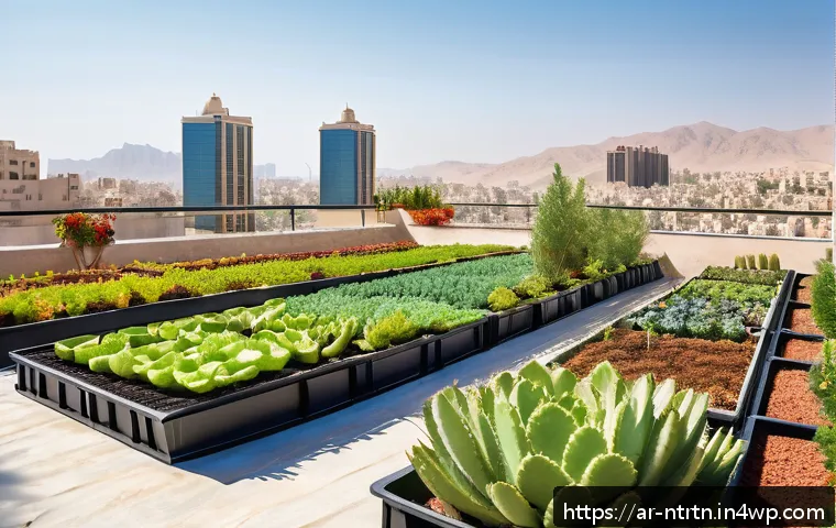 도시 농업의 가능성과 실천 사례 - A vibrant rooftop garden in a densely populated Middle Eastern city, featuring a variety of drought-...