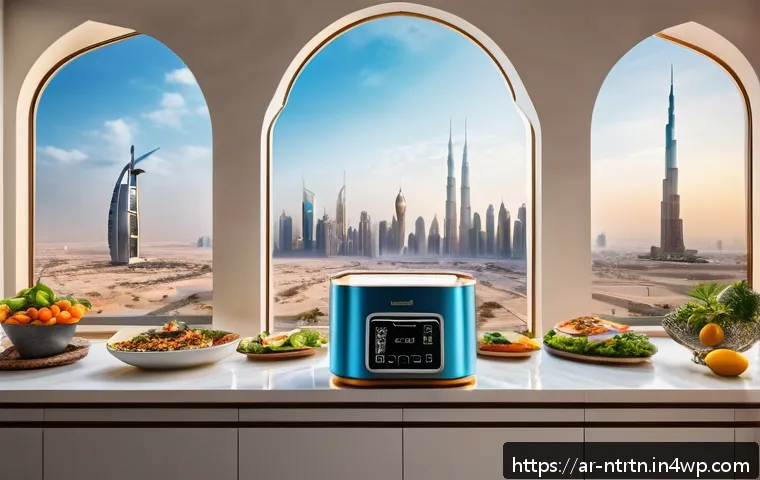 3D 프린팅을 이용한 식량 생산 - A futuristic urban kitchen setting in a modern Middle Eastern home, featuring a sleek 3D food printe...