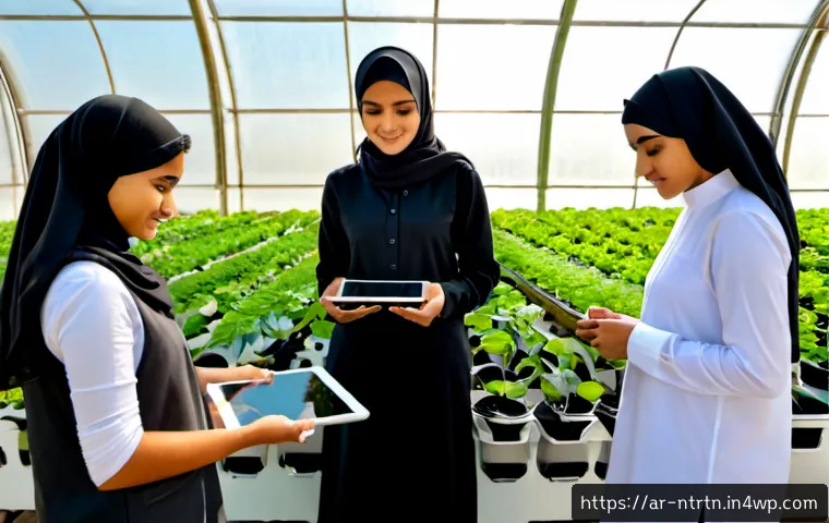 미래의 농업 교육 트렌드 - Photorealistic future agriculture education workshop in a sunlit greenhouse in the Arab Gulf region,...