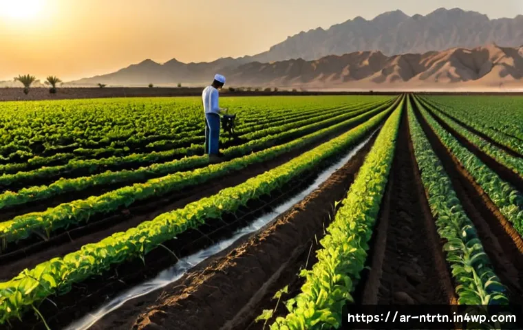 식량 생산의 효율성을 높이는 방법 - Photorealistic precision agriculture scene on a modern Middle Eastern farm at sunrise, Arab farmer i...